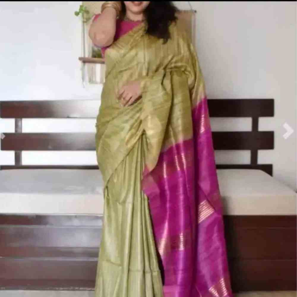 Tussar Ghicha 2-Dye Saree in Mint Green and Pink